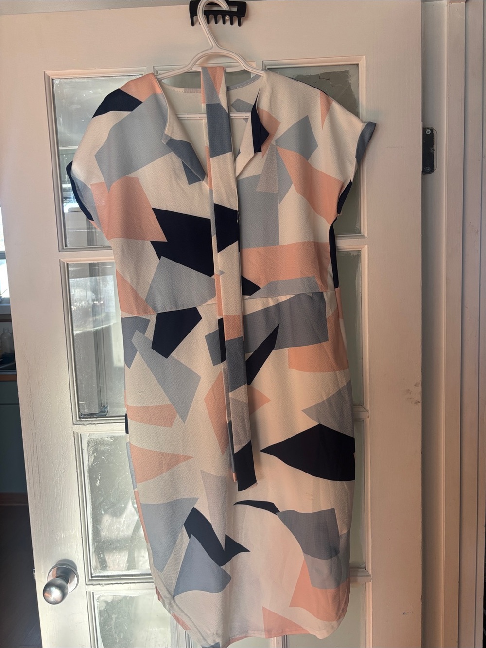 Abstract Geo-Print Shift Dress in Navy, Blush & Gray